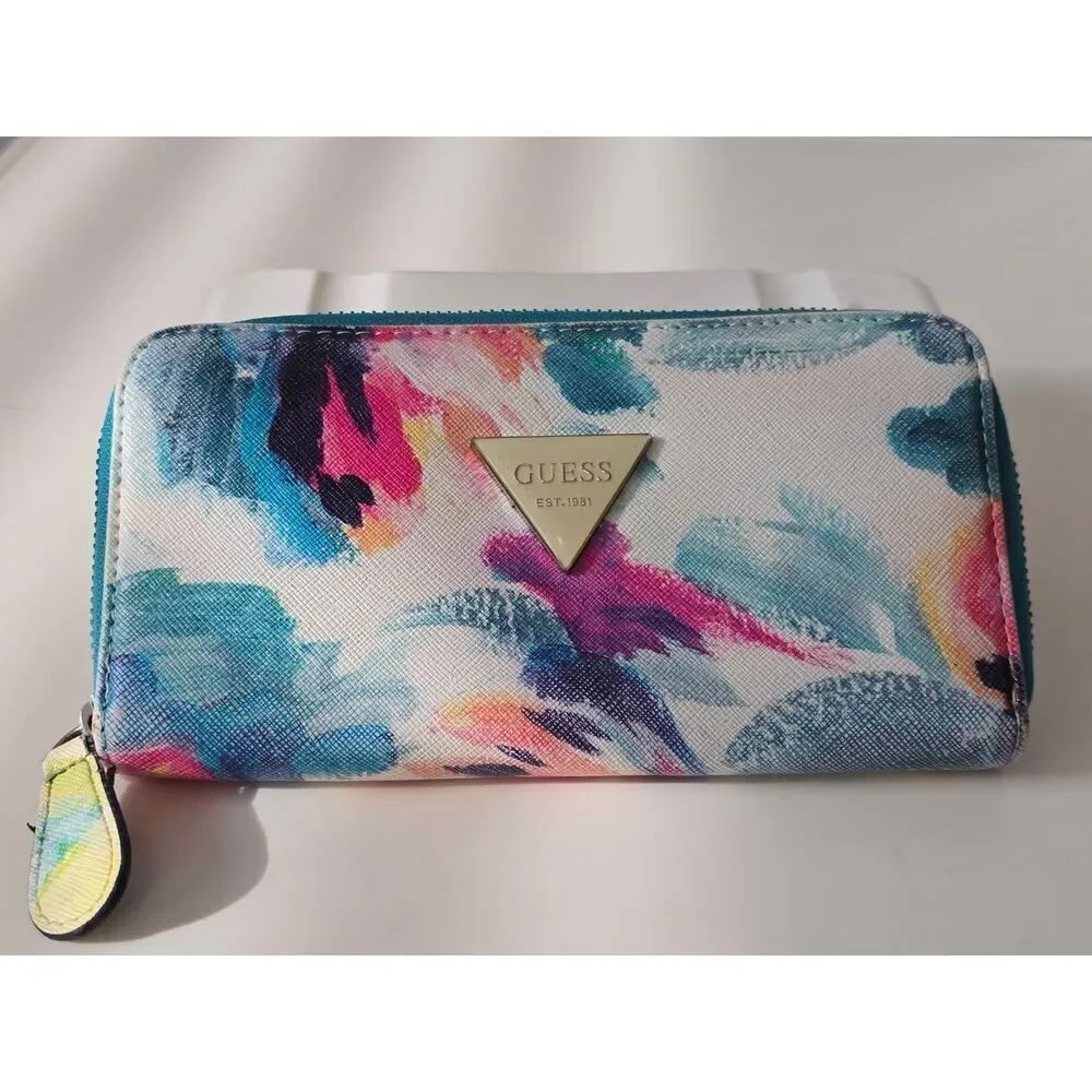 GUESS Color‑Splash Watercolour Zip‑Around Wallet Large Organizer Clutch Tropical